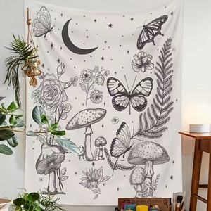 Butterfly‎ Moon Wall Tapestry Black & White Mushroom Plant Boho